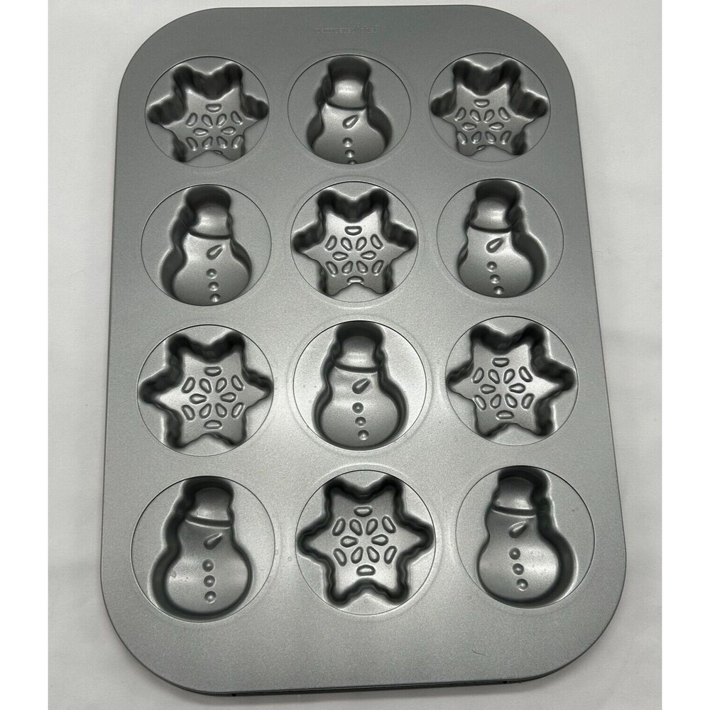 PAMPERED CHEF Winter Snowman Snowflake 12 Cavity Cup Cake Pan #100022 15.5x10.5"